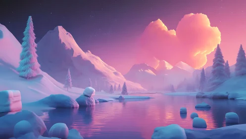 Iridescent winter valley rendered in soft-gradient digital light