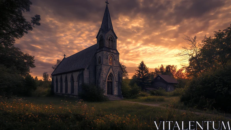 Gothic rural chapel at dusk with dramatic cloud structure.