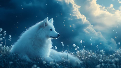 Luminescent white dog rests under cinematic twilight clouds
