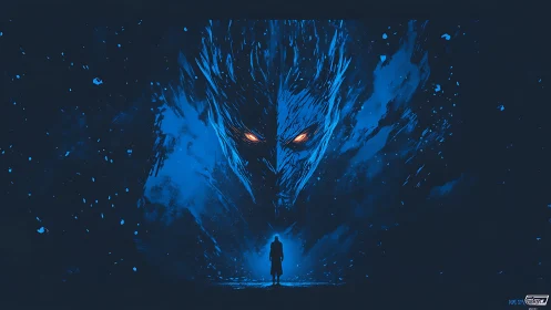 Lone silhouetted figure facing towering blue spectral face.