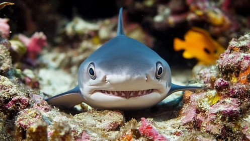 Close frontal view of reef shark resting amid coral habitat.