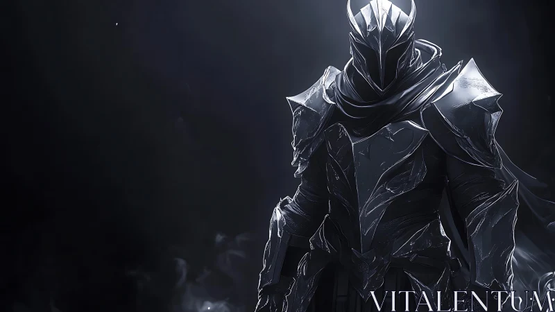Armored figure stands in low-key lighting with reflective metal