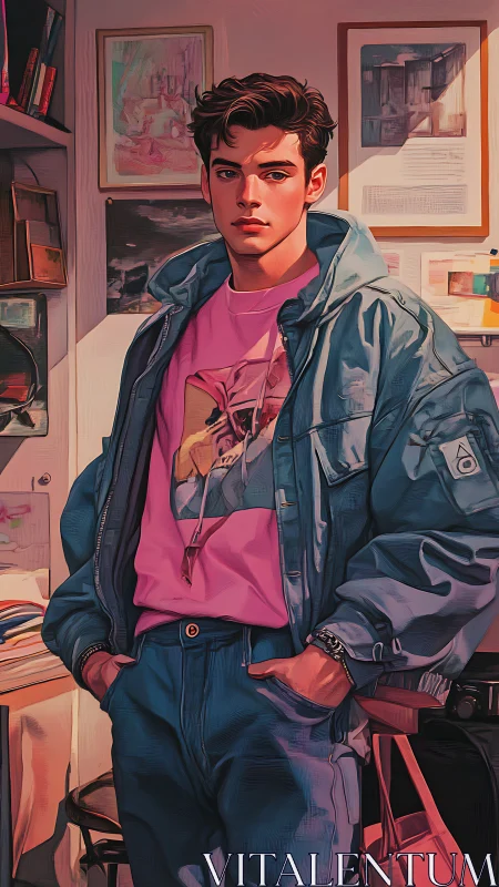 Laid-back student in retro jacket glowing with soft color.