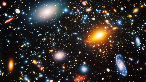 Deep space galaxy cluster field with vibrant nebula glow.