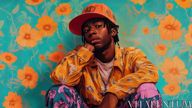 Stylized portrait of seated youth in chromatic floral layers.