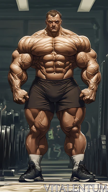 Titanic bodybuilder dominates dimly lit power gym floor.