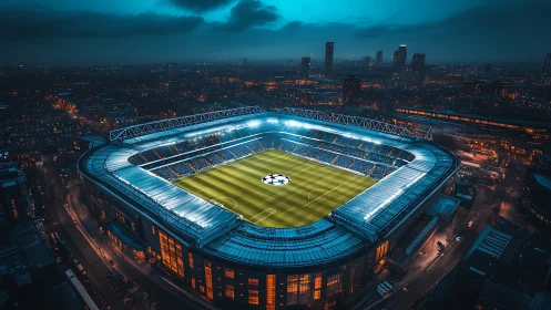 Nocturnal football stadium aerial with cinematic lighting design.