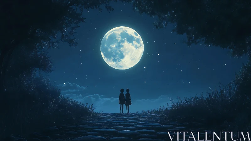 Two children stand on a moonlit path under night sky.