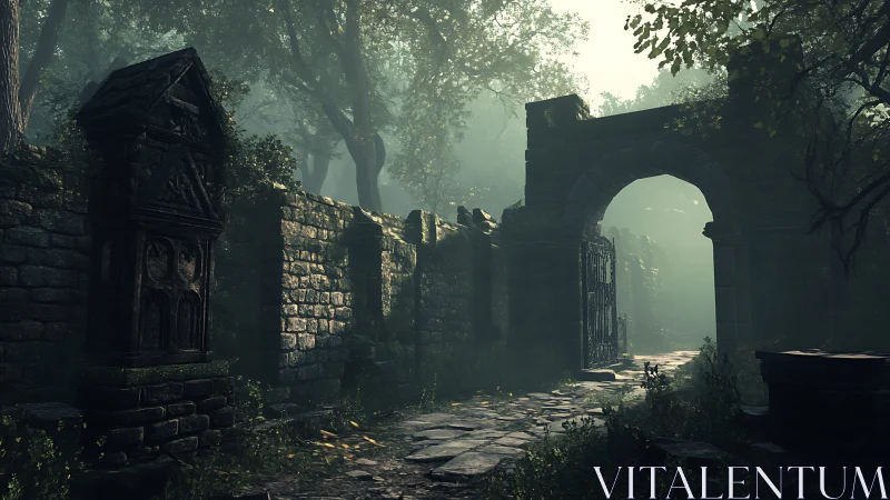 Ancient stone gateway cuts through misty overgrown forest ruin.