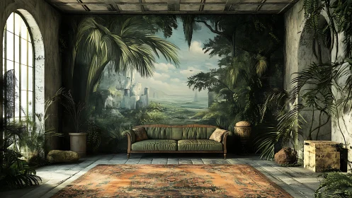 Tropical mural living room with vintage green sofa.