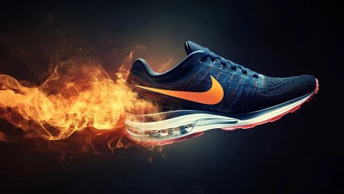 Fiery running sneaker streaking through a dramatic dark sky.