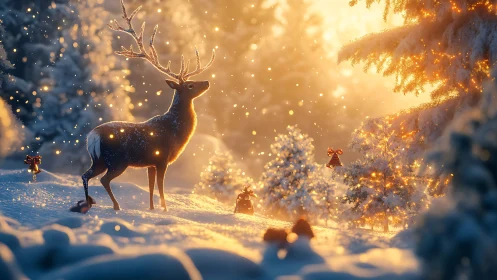 Majestic winter reindeer under golden holiday bokeh glow.