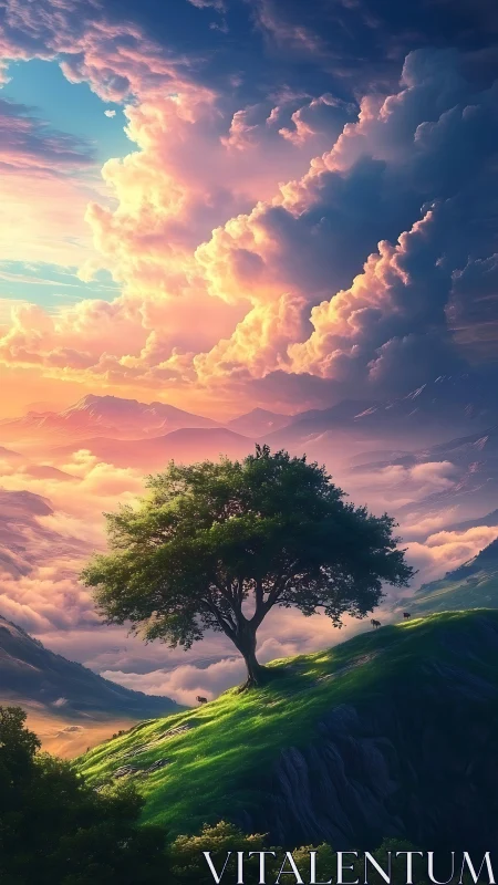 Solitary tree on elevated ridge under dense sunset clouds.