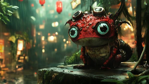 Cyberpunk amphibian sentinel crouches in neon monsoon alley