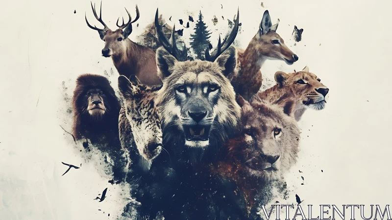 Double-exposure wildlife composite with wolf, lions, deer, and forest silhouettes integrated