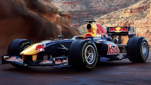 Formula race car on canyon road with branded livery.