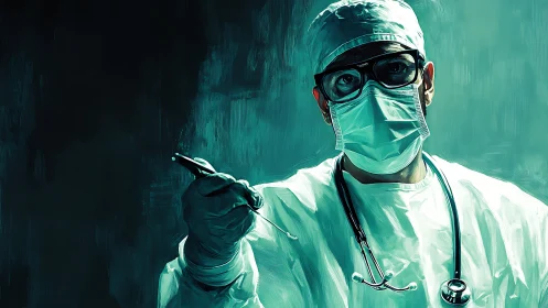 Surgeon in teal light holds scalpel with focused intensity.
