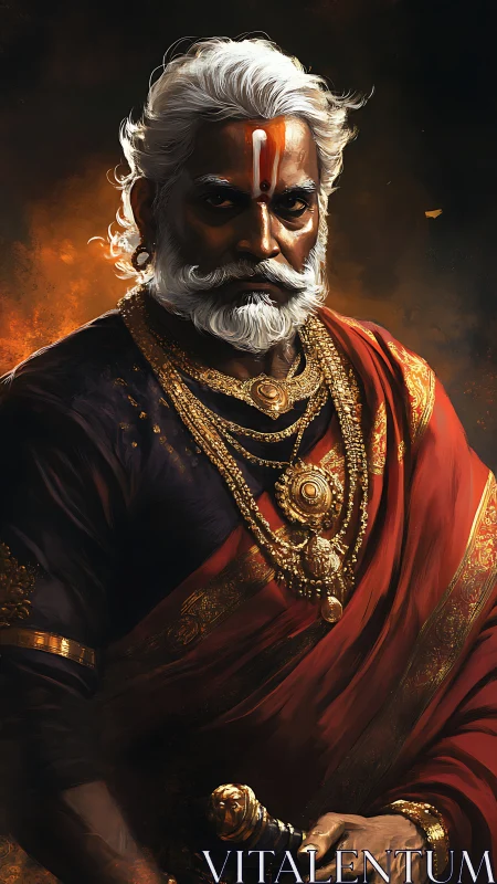 Digital portrait depicts elder figure in ornate traditional attire