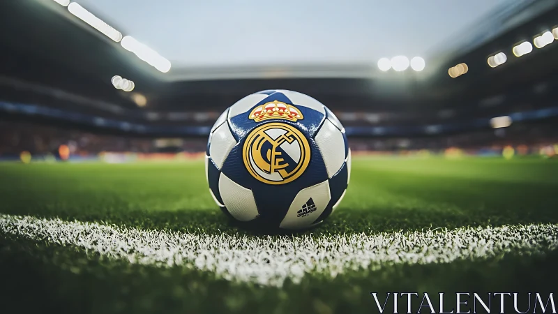 Low-angle stadium close-up of branded match football on touchline