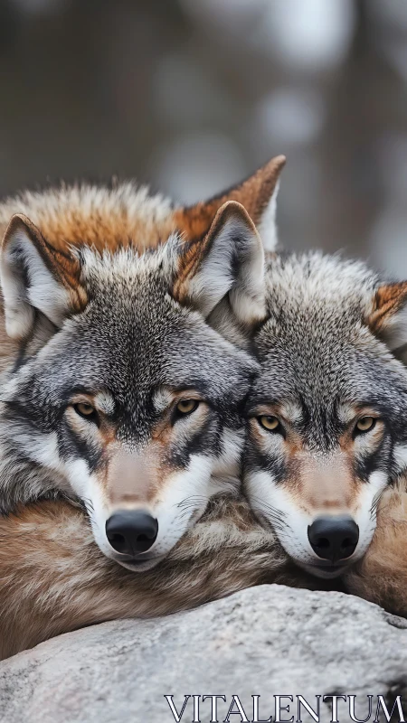 Twin wolves rest together in a calm, wintry wilderness