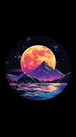 Mountain lake sits beneath large moon in stylized night sky