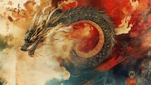 Mythic oriental dragon coils through molten crimson clouds