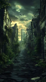 Overgrown ruined city street recedes toward distant tower