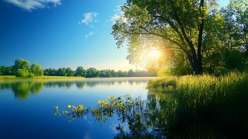 Lake shoreline with trees under low sun and clear sky.