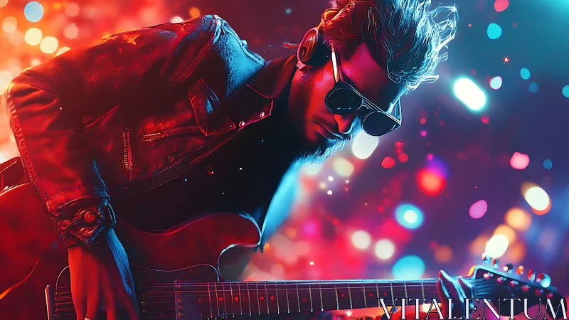 Electric guitarist in neon bokeh concert lighting scene.