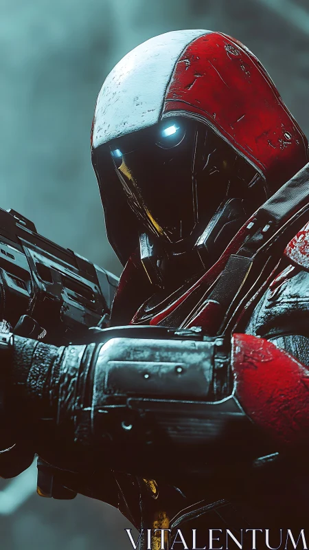 Hooded sci fi guardian with glowing eyes in misty light.