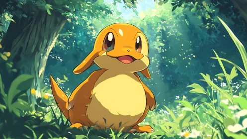 Cute orange creature in sunlit forest clearing illustration.