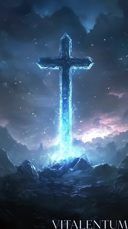 Glowing crystal cross rises from shattered icy landscape