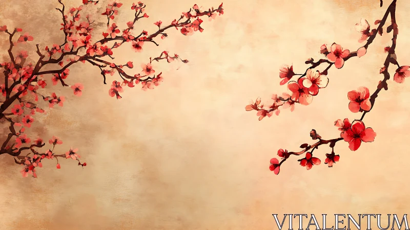 Cherry blossoms drift softly across a warm pastel sky