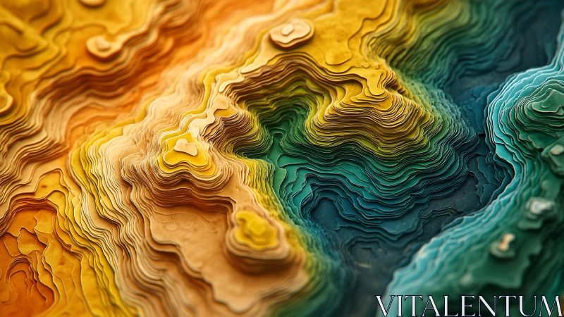Layered topographic relief in saturated 3D gradient forms.