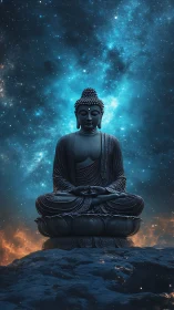 Serene Buddha statue meditates beneath luminous cosmic sky