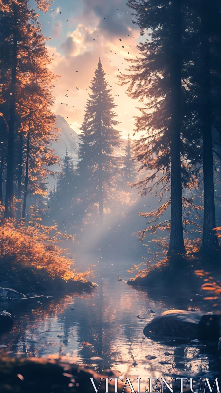 Forest river under low sun with mist and distant mountain.