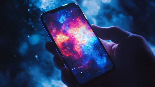 Smartphone screen displays vivid cosmic nebula illumination.
