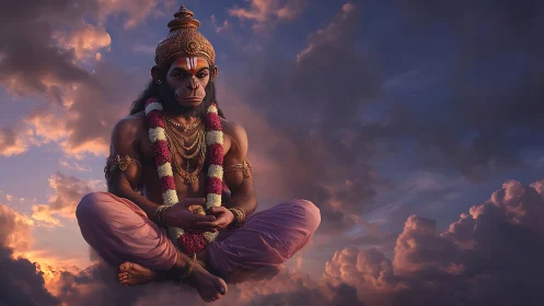 Hanuman-like divine figure levitates above dense sunset clouds