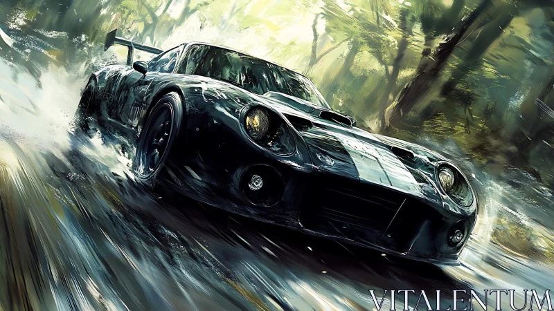 Racing sports car drifts through wet forest road in dynamic blur