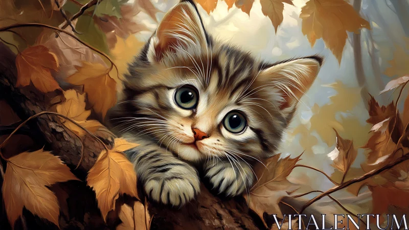 Wide-Eyed Kitten Nestled in Autumn's Golden Embrace.