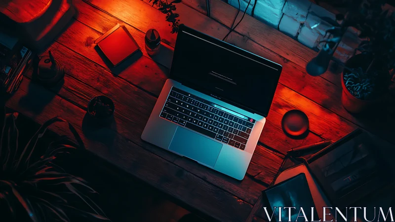 Laptop on wooden desk in red and blue ambient lighting.