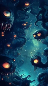 Bioluminescent abyss monsters swarm in dark alien ocean.