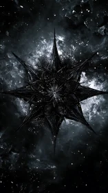 Radial black starburst form on textured dark field.