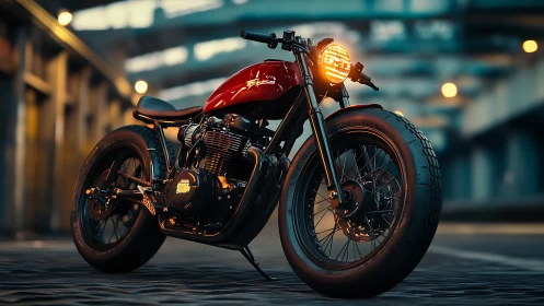 Custom cafe racer motorcycle under urban evening lights.
