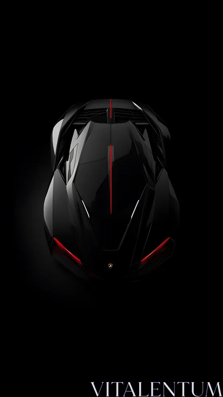 Sleek black supercar rests in darkness with bold red lines