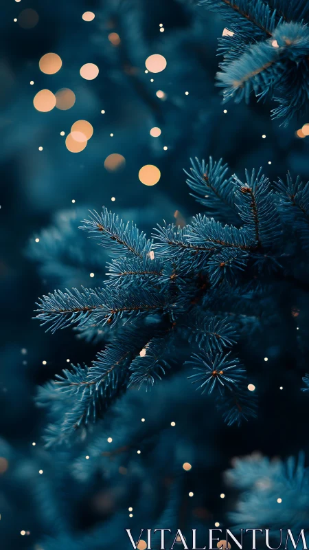 Blue spruce bokeh close-up with warm festive light orbs.