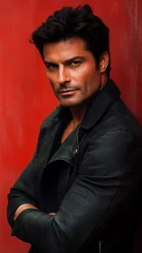 Man in black leather jacket leans against vivid red wall