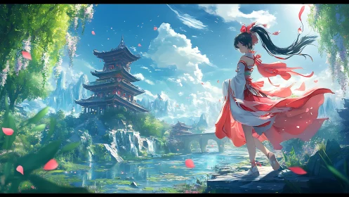Anime girl by river facing tiered pagoda in spring breeze.