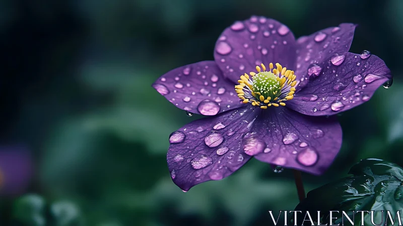 Purple Flower Glistens with Morning Dewdrops