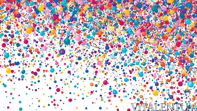 Colorful confetti spheres cascade across vivid white space.